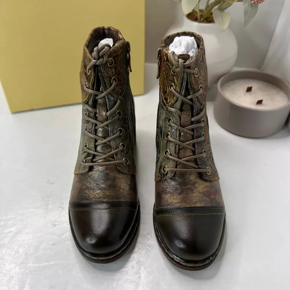 L'Artiste by Spring Step Fallinluv Leather Boot Olive Multi Women 4.5-5 NWB
